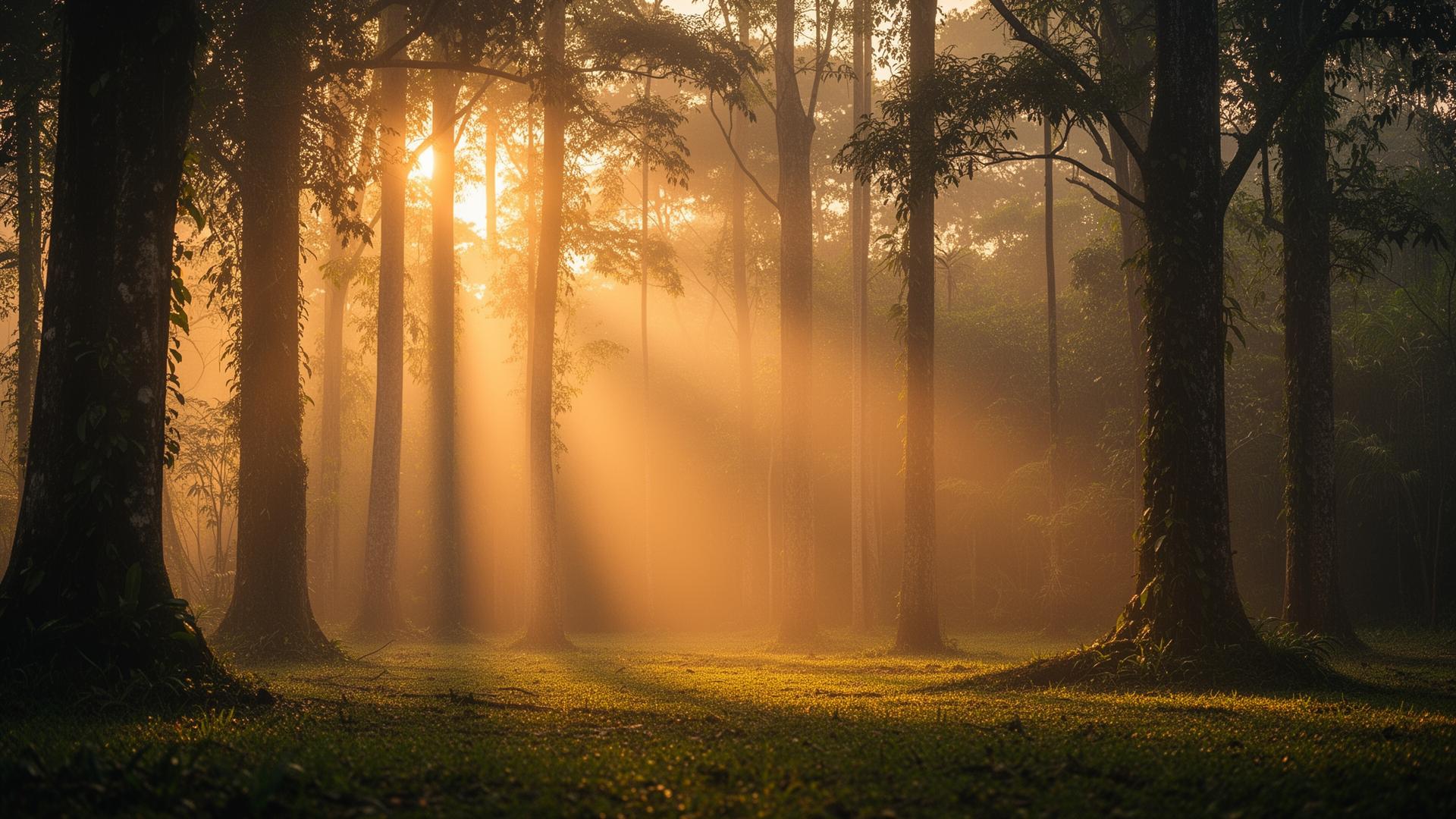 Raios de luz dourada atravessando uma floresta serena